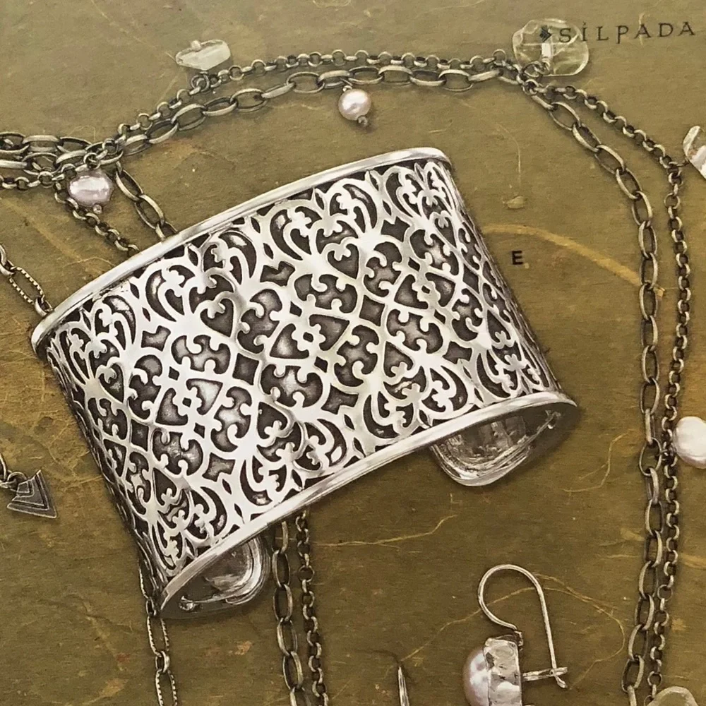 Vintage Silpada Sterling Silver Filigree Heart Scroll Cuff Bracelet R1697 - Picture 8 of 12